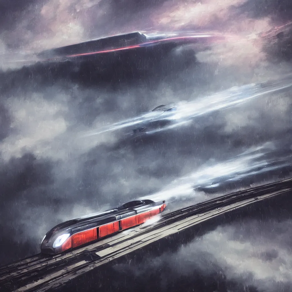 Prompt: highly detailed painting of powerful futuristic streamline train speeding very fast. romanticism. extreme speed with headlight beam shining brightly into the fog and rain. dramatic lighting. motion streaks.. vanishing point. photorealistic.