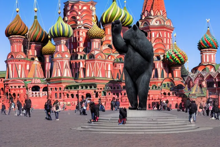 Image similar to a gigantic statue of bear in the middle of the red square, excited russians, symmetry, awesome exposition, very detailed, highly accurate, 8 k