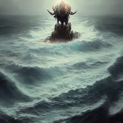 Image similar to A being with seven heads and ten horns coming out of the ocean , digital Art, Greg rutkowski, Trending artstation, cinematographic, hyperrealistic