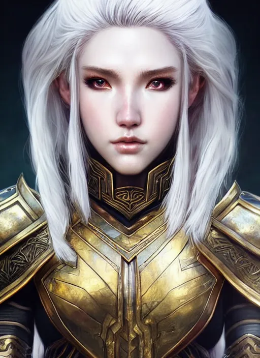 Prompt: warrior, intricate ornate opal heavy armor!!! beautiful and athletic white hair female!! gorgeous face and eyes!! character concept art, sharp focus, octane render! unreal engine 5! highly rendered!! trending on artstation!! detailed linework!! illustration by artgerm, wlop, and chie yoshii