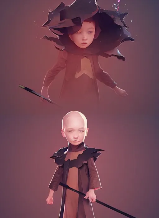 Prompt: kid wearing black cloak holding stick - 3 d vfx art - of the sun, art style by james jean & hsiao - ron cheng, character concept art, unreal engine render, digital illustration, sharp, intricate detail, volumetric light, ray tracing, soft light, symmetric, pinterest, artstation, behance,