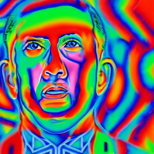 Image similar to portrait of benjamin netanyahu hallucinating on acid, psychedelic colors, sharp focus