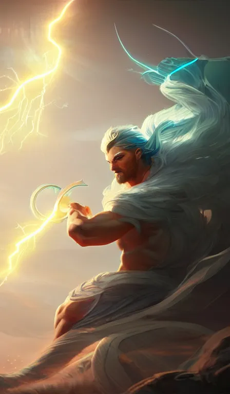 Image similar to the god zeus, lightning, action, epic, sharp focus, digital art, concept art, dynamic lighting, character design by anna dittman, and rossdraws, environment design by jessica rossier