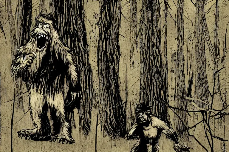 Image similar to mad bigfoot screaming in the woods artwork by ben templesmith