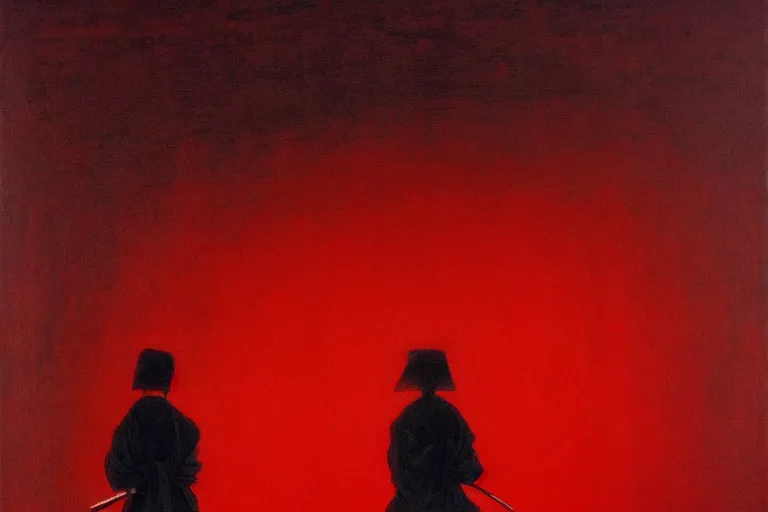 Image similar to only with red, a red samurai harakiri, tokio, a lot of frogs watch, in the style of beksinski, parts by edward hopper, parts by rodcenko, parts by yue minjun, intricate and epic composition, red by caravaggio, insanely quality, highly detailed, masterpiece, red light, artstation, 4 k