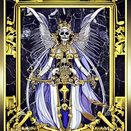 Prompt: saint skeleton queen, obsidian, strong dramatic cinematic lighting , ornate headdress , flowing robes, lost civilizations, extremely detailed, marble, stars, gold