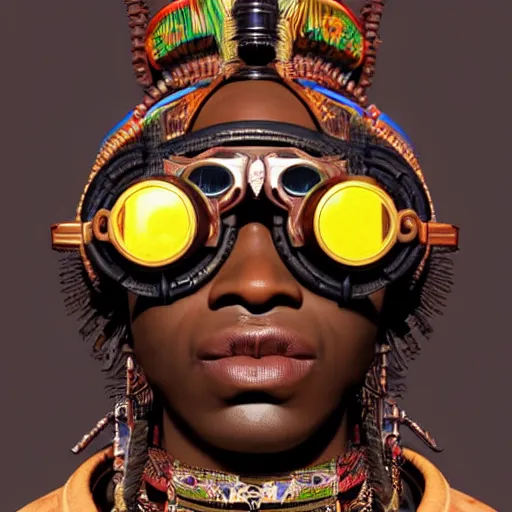 Image similar to colourful vfx upper half - portrait - art of a nigerian tribal chief wearing steam punk goggles, art by utagawa kunisada & james jean, symmetrical, intricate detail, concept art, volumetric light, ray tracing, caricature, digital illustration, octane 3 d render, unreal engine, sharp, 8 k post process, pinterest, behance, art station,