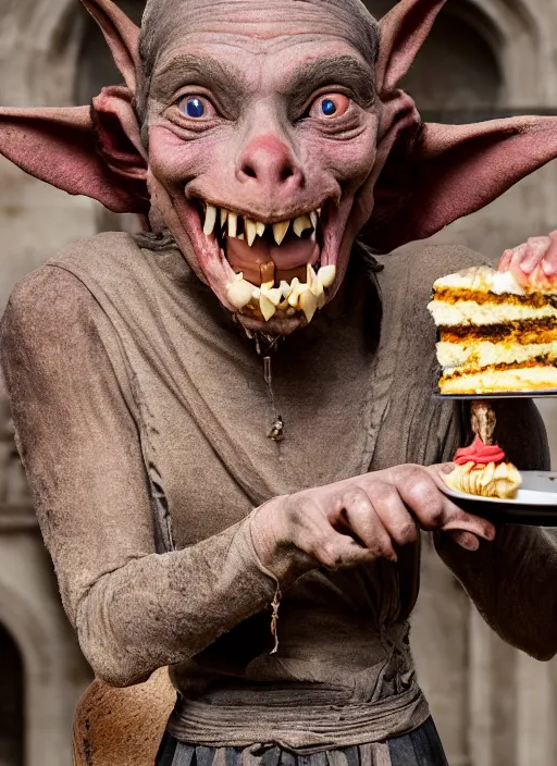 Image similar to closeup portrait of a medieval goblin eating cakes in the cloisters, depth of field, zeiss lens, detailed, symmetrical, centered, fashion photoshoot, by annie leibovitz and steve mccurry, david lazar, jimmy nelsson, breathtaking, 8 k resolution, extremely detailed, beautiful, establishing shot, artistic, hyperrealistic, beautiful face, octane render