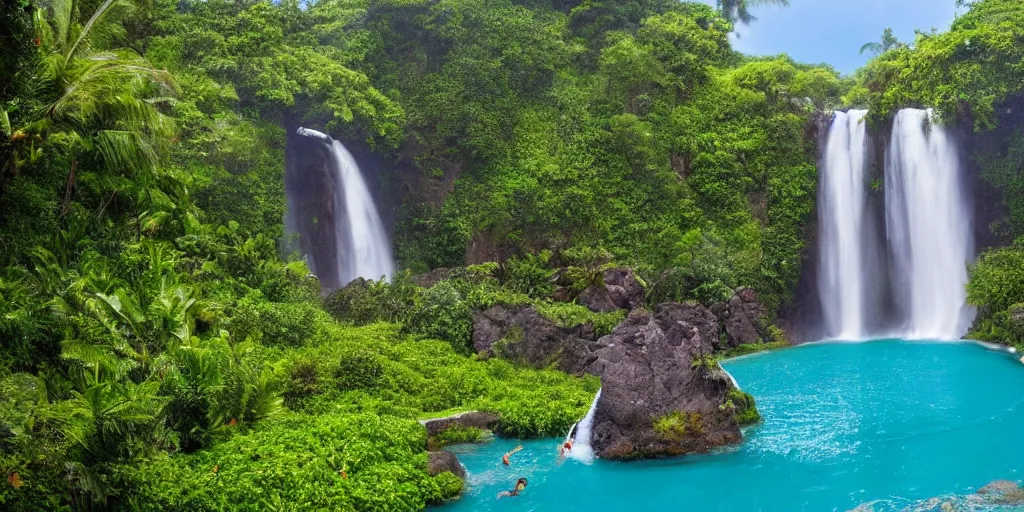 Prompt: of a tropical island with a majestic waterfall flowing into a clear pool of water, raining, fish swimming