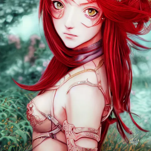 Image similar to a red haired female knight as an absurdly beautiful, elegant, young sensual anime girl, ultrafine hyperrealistic detailed face illustration by kim jung gi, irakli nadar, intricate linework, sharp focus, bright colors, matte, octopath traveler, final fantasy, unreal engine highly rendered, global illumination, radiant light, intricate environment