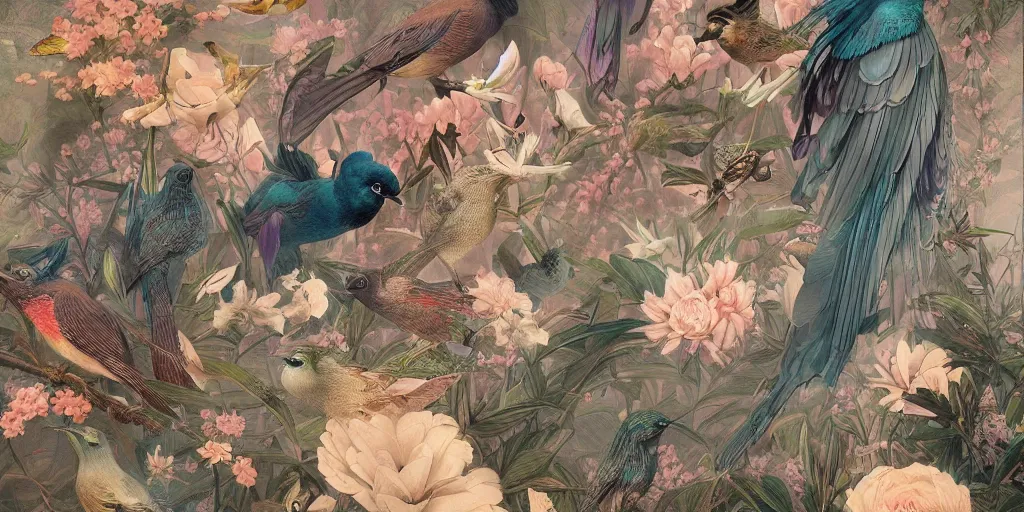 Image similar to breathtaking detailed concept art painting art deco pattern of birds goddesses amalmation flowers with blend of flowers and birds, by hsiao - ron cheng and john james audubon, bizarre compositions, exquisite detail, extremely moody lighting, 8 k