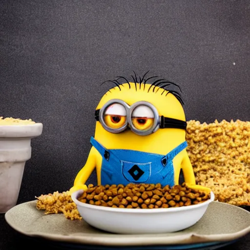 Image similar to minion eating a dish of hot lentils with grated cheese on top, in a poorly ventilated party flash photography