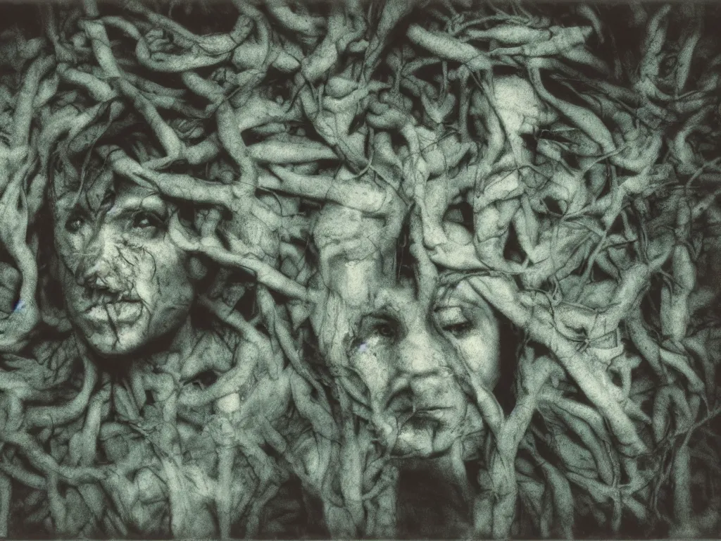 Prompt: medium shot, a human face made by blue vines in a dark cave, creepy, extreme detail, polaroid photo, vintage, neutral colors, by gregory crewdson