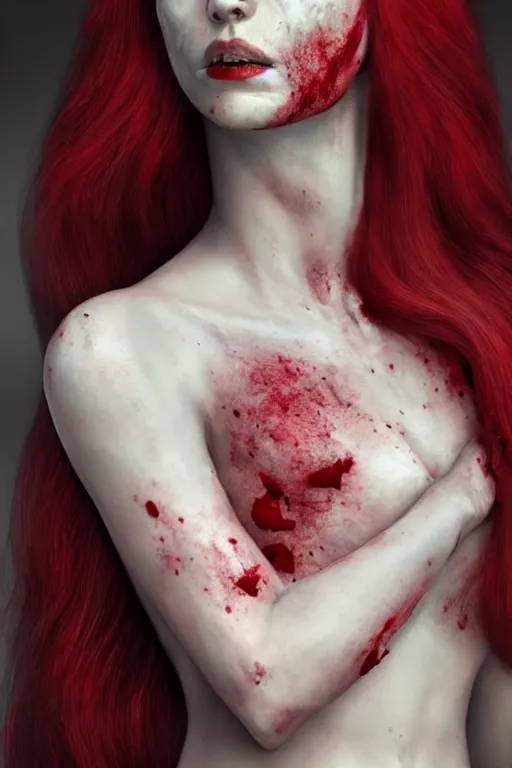 Prompt: pale woman covered with blood, rolyatistaylor face!!!, red hair, skeleton full body tattoo, ultra realistic, concept art, intricate details, highly detailed, 4 5 mm. photorealistic, octane render, 8 k, unreal engine. film still, heavy grain, 3 5 mm, art by artgerm and greg rutkowski and alphonse mucha