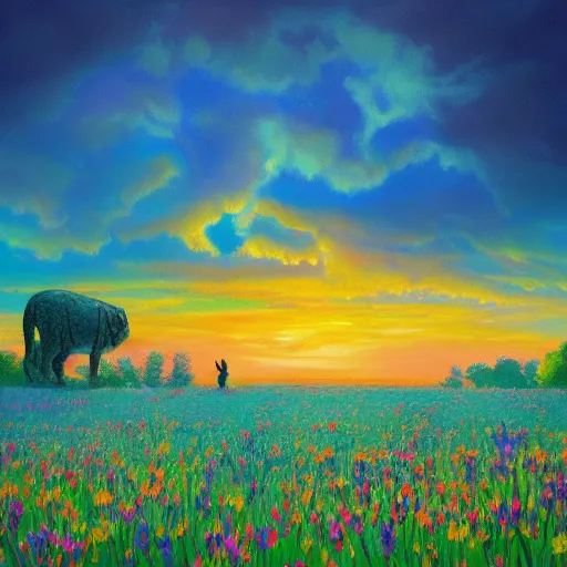 Prompt: a savannah bengal hybrid cat, surreal photography, flower field, beautiful sunset on a summer day light, impressionist painting, colorful clouds, blue sky, digital painting, artstation, simon stalenhag