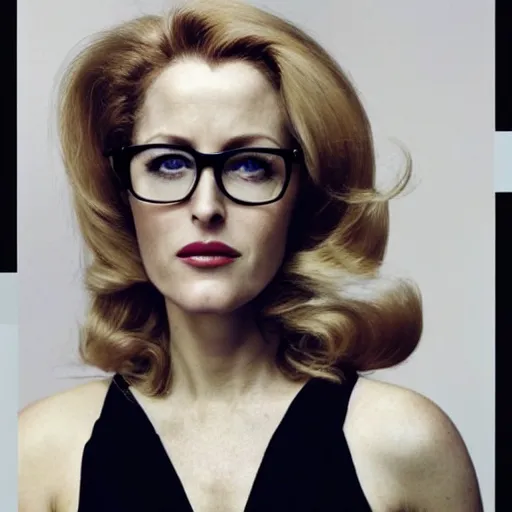 Prompt: photo of a gorgeous Gillian Anderson (1975) cyberpunk hairstyle nerdy glasses by Mario Testino, detailed, full body shot, award winning, Sony a7R