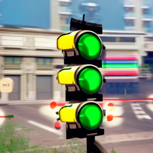 Image similar to a realistic photo of traffic light that uses portals from the video game portal 2 to control traffic by sending vehicle into blue portals and out of organge portals at an intersection