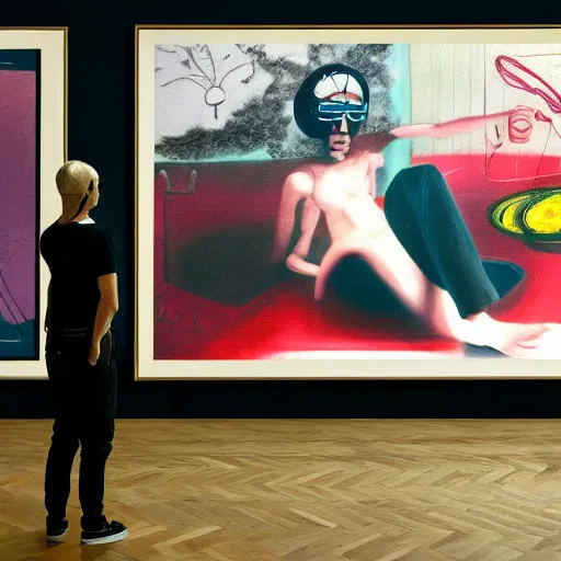 Image similar to art curator looking bored at paintings on a screen in a chat interface, in the style of grand chamaco and stanley kubrick, inspired by die antwoord, photorealistic, epic, super technical, cinematic still