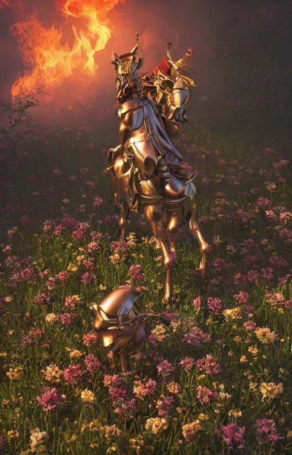 Prompt: full body image of a baroque knight in bed of flowers in dark forest, surrounded by fire and smoke, moody, rim light, dynamic lighting, cinematic shot, gritty, ultra - detail, renderman, physically based render