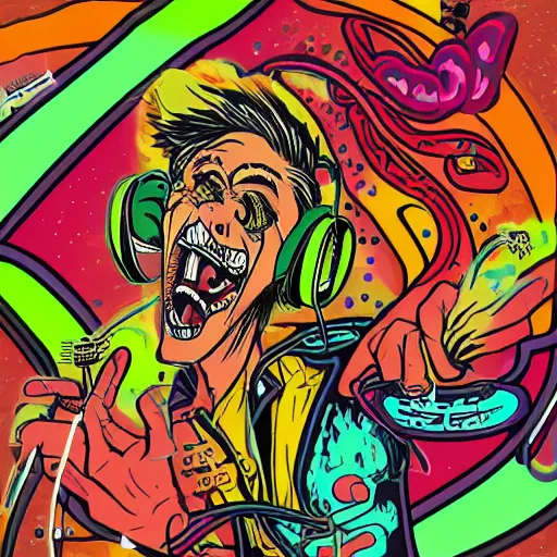 Image similar to artgerm, psychedelic laughing demon, rocking out, headphones dj rave, digital artwork, r. crumb, svg vector