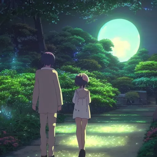 Image similar to a secret garden at night, moon, by makoto shinkai