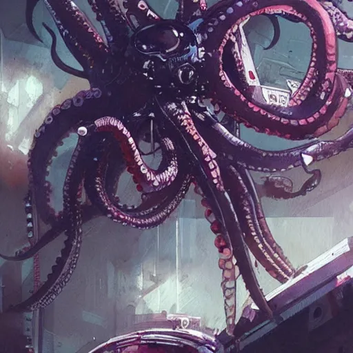 Prompt: Octopus in space, cyberpunk, realistic, detailed, Industrial Scifi, paint, watercolor, in the style of Ashley Wood and Wadim Kashin