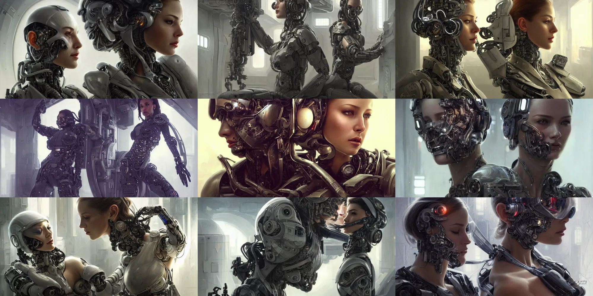 Prompt: Ultra realistic illustration, beautiful alluring damaged top secret special operations assassin NASA cyborg being put back together in an super advanced military medical bay, gorgeous face, cyberpunk, sci-fi, fantasy, intricate, elegant, highly detailed, digital painting, artstation, concept art, smooth, sharp focus, illustration, art by artgerm and greg rutkowski and alphonse mucha