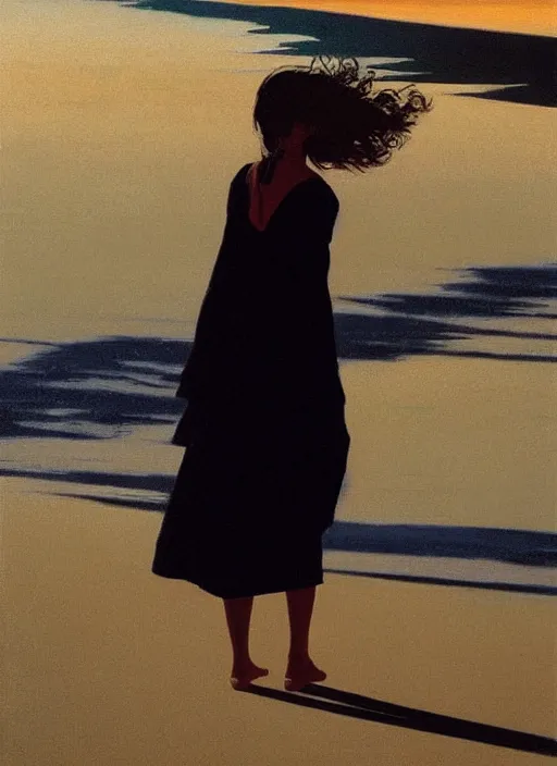 Image similar to a portrait of an beautiful young girl walking on a beach, highly detailed, dramatic lighting, intense shadows, rich deep colours, by jack vettriano