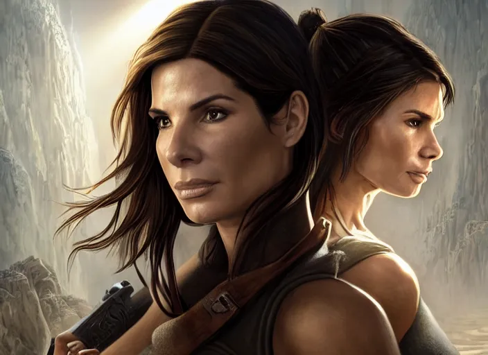 Prompt: face portrait of concentrated young Sandra Bullock as Lara Croft entering the large Minas Tirith gate, sun beams, epic, intricate, elegant, highly detailed, sharp digital painting, short focus, Boris Villejo, Julie Bell, Rowena Morrill, Patrick Jones, Keith Parkinson, Brom, Donato, Stephen Hickman, Don Maitz, Greg Hildebrandt