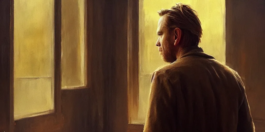 Image similar to we see ewan mcgregor from side. atmospheric feeling, warm colours, brown colours, yellow colours, epic scene, cinematic, very detailed, oil painting