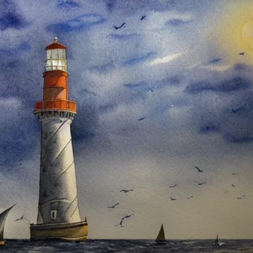 Image similar to Complex hyperdetailed serene masterpiece sketch of a captivating lighthouse, sailboats soaring in the wind, by Orris Moe, complex detailed watercolor painting, cinematic lighting, illogical surrealsim, absurd.