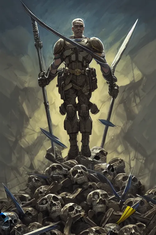 Image similar to a distant shot of a super soldier with blue and yellow flag and a trident symbol standing alone on a huge pile of skulls as a winner, masculine figure, D&D, fantasy, intricate, elegant, highly detailed, extremely detailed, digital painting, artstation, concept art, matte, smooth, sharp focus, illustration, art by Artgerm and Greg Rutkowski and Alphonse Mucha