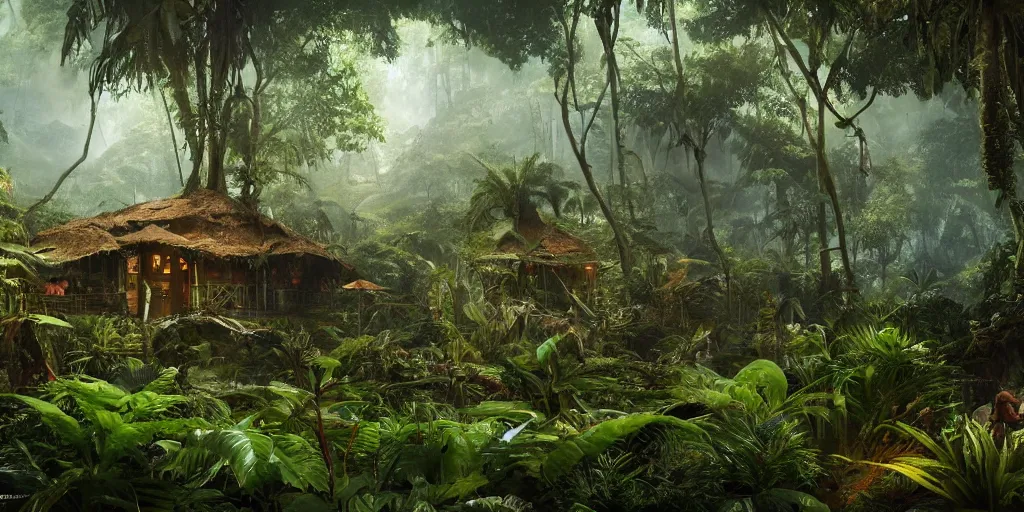 Image similar to tropical jungle, wall wood fortress, borderland style, Hyperrealistic CGI, Photorealistic, plants environment, wide angle, establishing shot, cinematic lighting, atmospheric, realistic, octane render, highly detailed, color graded, matte painting in the style of craig mullins