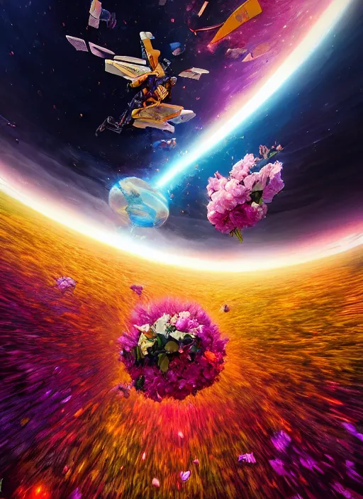 Prompt: An epic fantastic realism comic book style painting of the most beautiful flowers launched into space, bouquets hurdling toward a nebulous black hole, fisheye lens, unreal 5, DAZ, hyperrealistic, octane render, dynamic lighting