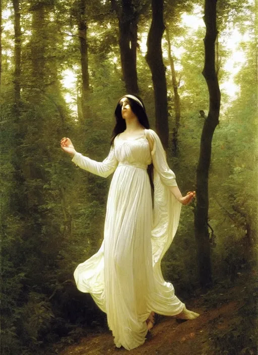 Prompt: a woman with long flowing hair and a flowing white dress in a forest by robert mccall, william - adolphe bouguereau