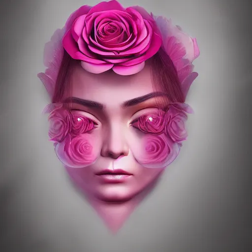 Image similar to a large pink rose with a beautiful womans face coming from the middle of it, highly detailed, 8k, artstation, cursed