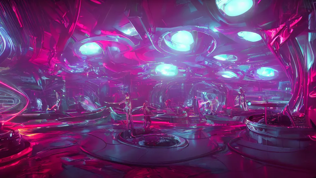 Prompt: sci-fi night club, with exotic female alien gogo dancers dancing on platforms, neon lights, fog, smoke and atmosphere, red tones, bloom, platforms, circular mechanical structures, faceted shapes, contemporary aesthetic, like concept art on artstation, hyperdetailed, octane render, like zaha hadid