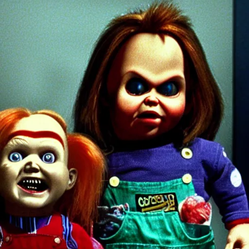 Image similar to Chucky the killer doll from the movie Child's Play surrounded by the Flodder family in a still from the dutch TV series Flodder (1993) 8k hdr