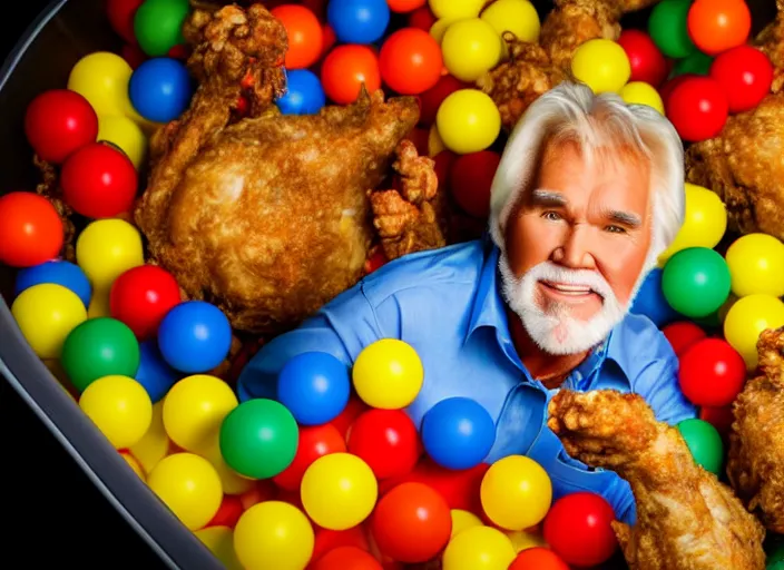 Image similar to photo still of kenny rogers in a ball pit of fried chicken!!!!!!!! at age 4 6 years old 4 6 years of age!!!!!!!! hiding from parents, 8 k, 8 5 mm f 1. 8, studio lighting, rim light, right side key light