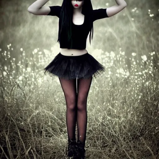 Image similar to kerli koiv goth girl in mini skirt and crop top, intricate, extremely detailed, modeling photography, teen