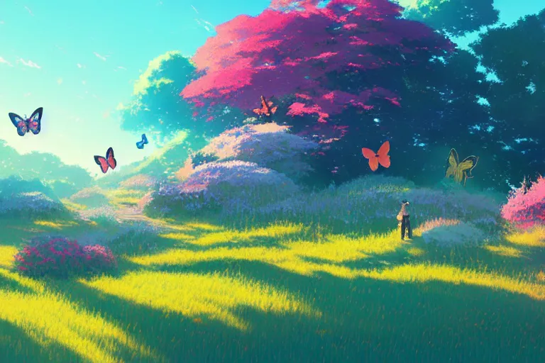Prompt: A landscape of colorful butterflies under blue sky by makoto shinkai, thomas kinkade, james gilleard, very detailed