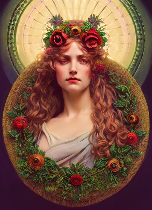 Image similar to the goddess demeter, straw wreath, full body, steampunk, glowing eyes, volumetric lights, red and cyan theme, art nouveau botanicals, intricate, highly detailed, digital painting, artstation, concept art, smooth, sharp focus, cinematic, illustration, beautiful face, art by artgerm and greg rutkowski and alphonse mucha