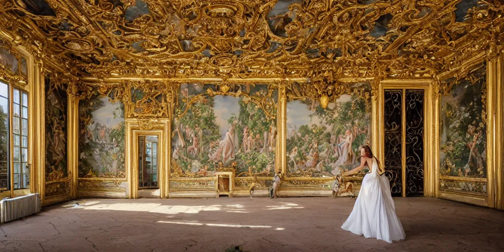 Prompt: a dream of a young woman holding a Mallard Duck that is looking over her shoulder walking inside an opulent, ornate, abandoned overgrown Palace of Versailles, lush plants growing through the floors and walls, walls are covered with vines, beautiful, dusty, golden volumetric light shines through giant broken windows, golden rays fill the space with warmth, rich with epic details and dreamy atmosphere