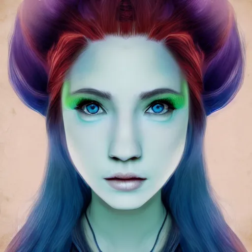 Prompt: portrait of young girl half dragon half human, dragon girl, dragon skin, dragon eyes, dragon crown, blue hair, long hair, highly detailed, cinematic lighthing, By David Lynch
