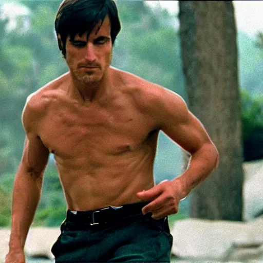 Prompt: a still of an action scene of Steve Jobs starring as a shirtless Rambo