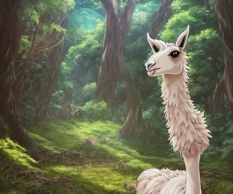 Image similar to llama in a forest, anime fantasy illustration by tomoyuki yamasaki, kyoto studio, madhouse, ufotable, comixwave films, trending on artstation