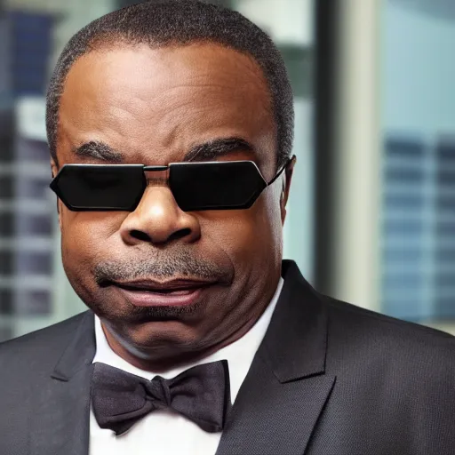 Prompt: LeVar Burton wearing sunglasses and a dark suit, holding a laptop, medium shot, standing in lobby of office building, style of GTA V, octane render