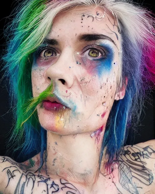 Prompt: realistic attractive grungy woman with rainbow hair, drunk, angry, soft eyes and narrow chin, dainty figure, long hair straight down, torn overalls, basic white background, side boob, tattooed, pierced, flirty, wet shirt, wet, raining, highly detailed face, realistic face, beautiful detailed eyes, fantasy art, in the style of greg rutkowski, illustration, epic, fantasy, intricate, hyper detailed, artstation, concept art, smooth, sharp focus, ray tracing, vibrant,