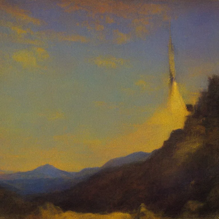 Image similar to zarathustra look up at the magic mountain, before dawn, oil painting, abbott handerson thayer, blue palette