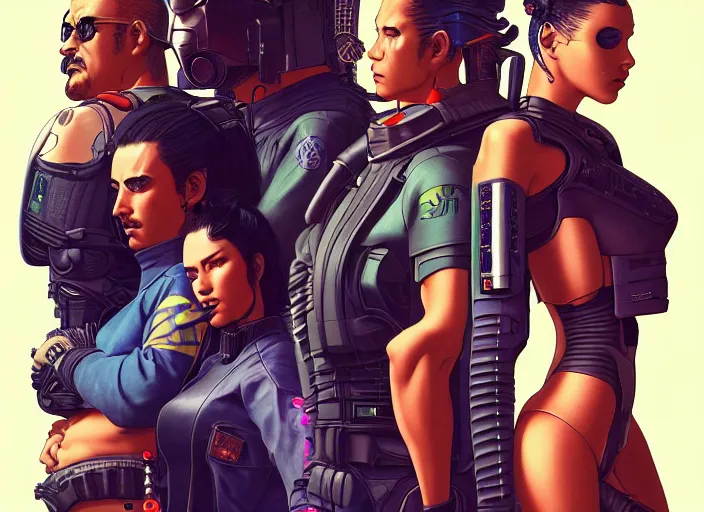 Image similar to cyberpunk samurai team. portrait by stonehouse and mœbius and will eisner and gil elvgren and pixar. character design. realistic proportions. cyberpunk 2 0 7 7 character art, blade runner 2 0 4 9 concept art. cel shading. attractive face. thick lines. the team. diverse characters. artstationhq.